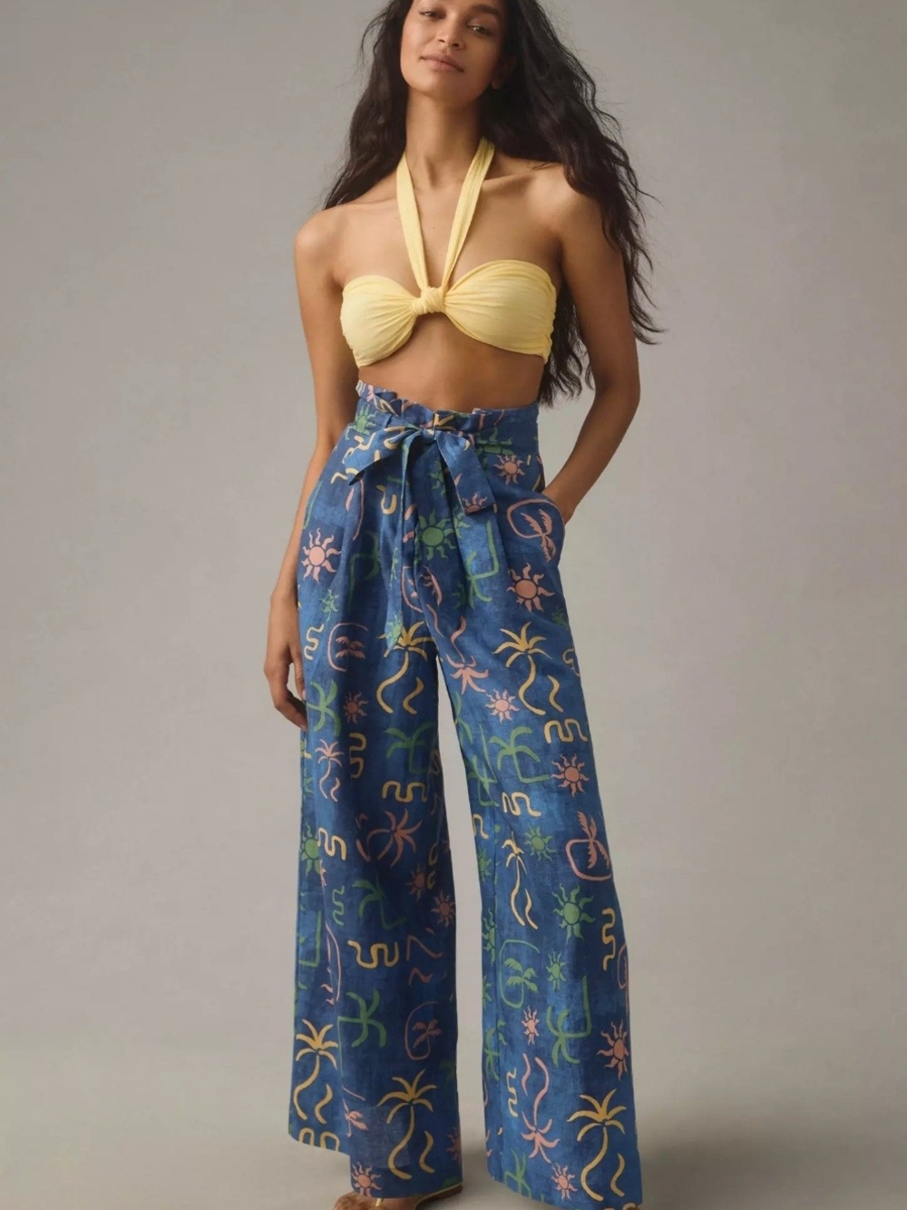 Corey Lynn Calter Blue Wide-Leg Tropical Print Linen Pants